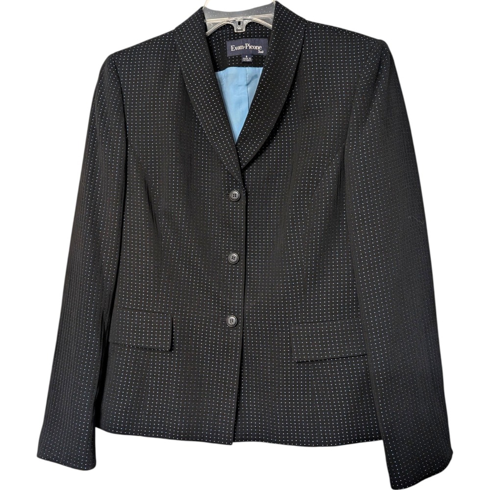 Evan-Picone Suit Black Blue Micro Dot 3‎ Button Blazer Jacket Women's Size 8
